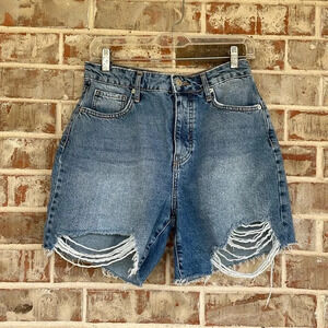 Forever 21 Distressed Blue Jean Button Up Cut Off Shorts